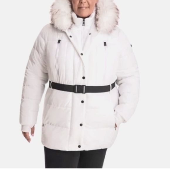 NWT ☃️ LONDON FOG BELTED WHITE FAUX FUR TRIM HOODED PUFFER COAT Womens 1X or 16W - Picture 3 of 12